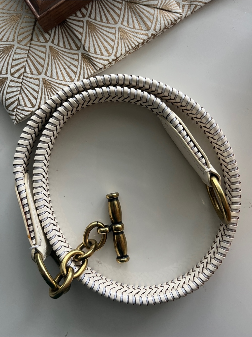 Lauren Ralph Lauren Cream Braided 100% Genuine Leather Belt with Brass Closure